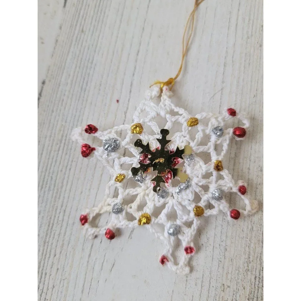 Handmade snowflake red gold glitter‎ ornament Xmas decor
